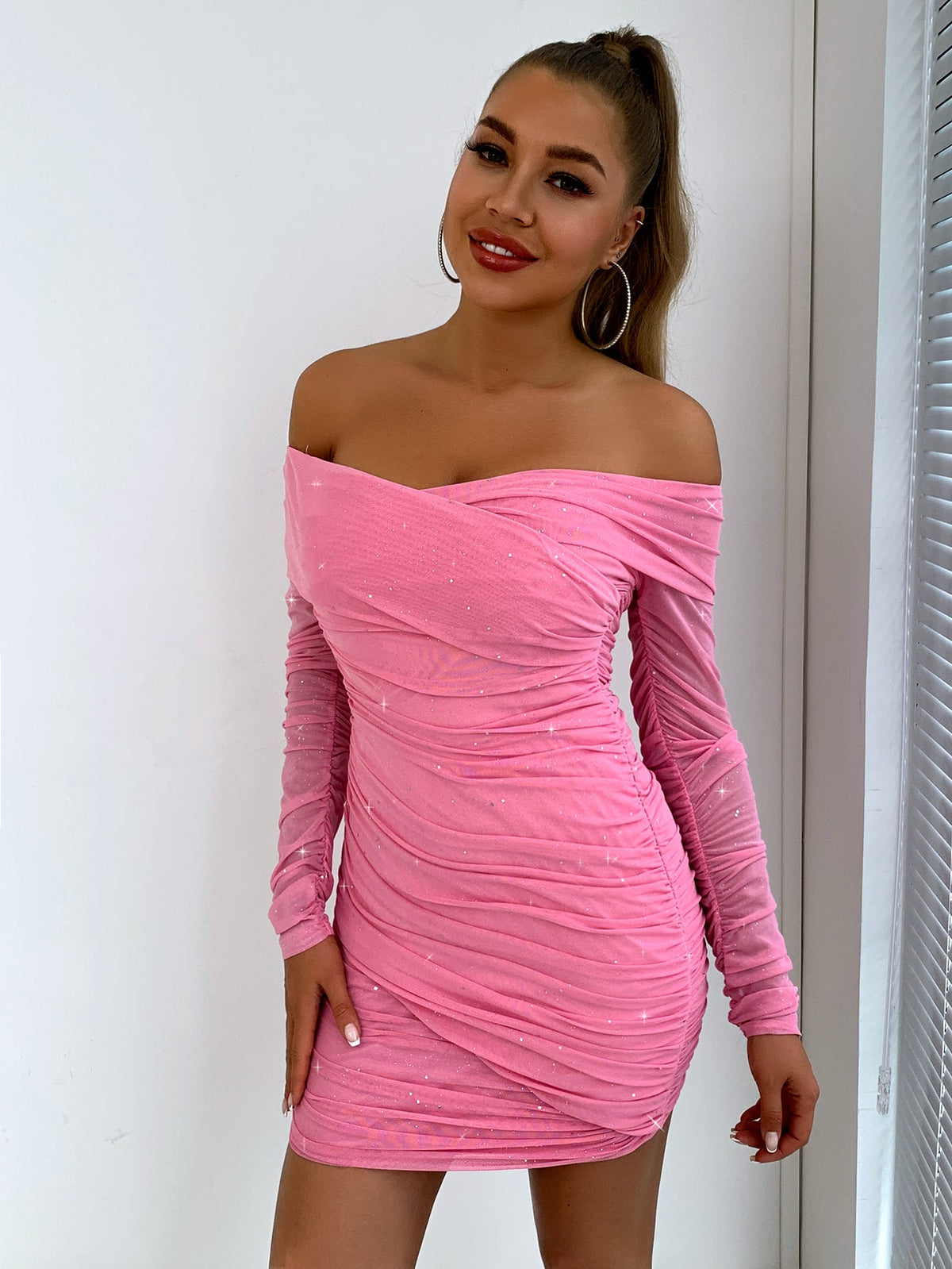 Eliza Long Sleeve Dress with Off Shoulder Neck and Ruched Body