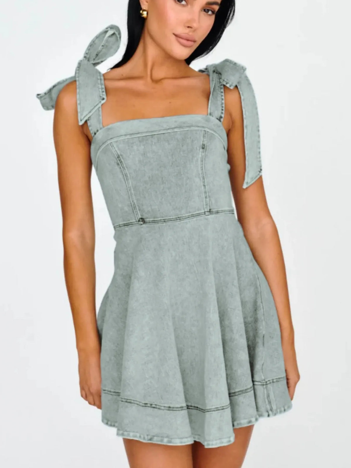 Leilani Bow-Shoulder Square Neck Denim Mini Dress