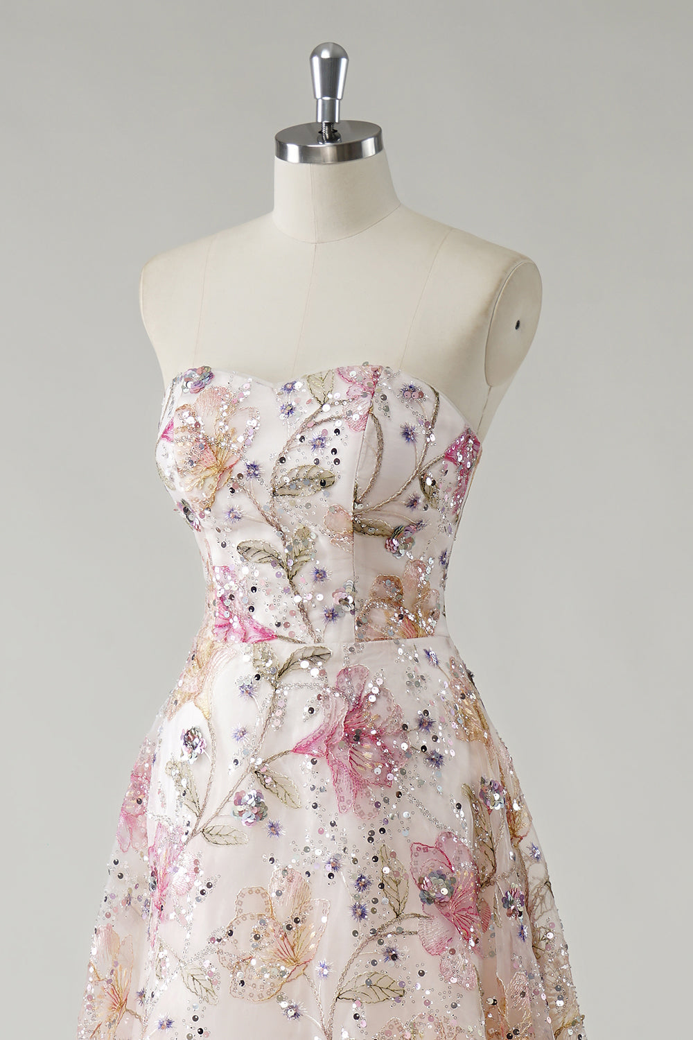 Siobhan Sequin Dress with Floral Detail and Strapless Neck