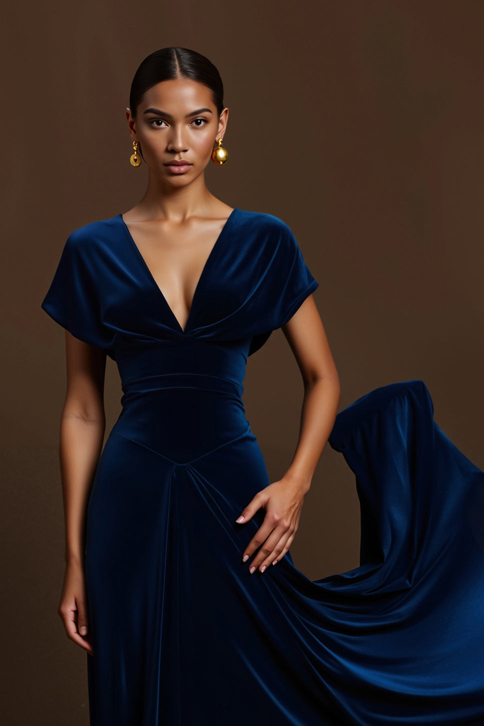 Josephine Velvet Dress with V Neck and Draped Skirt