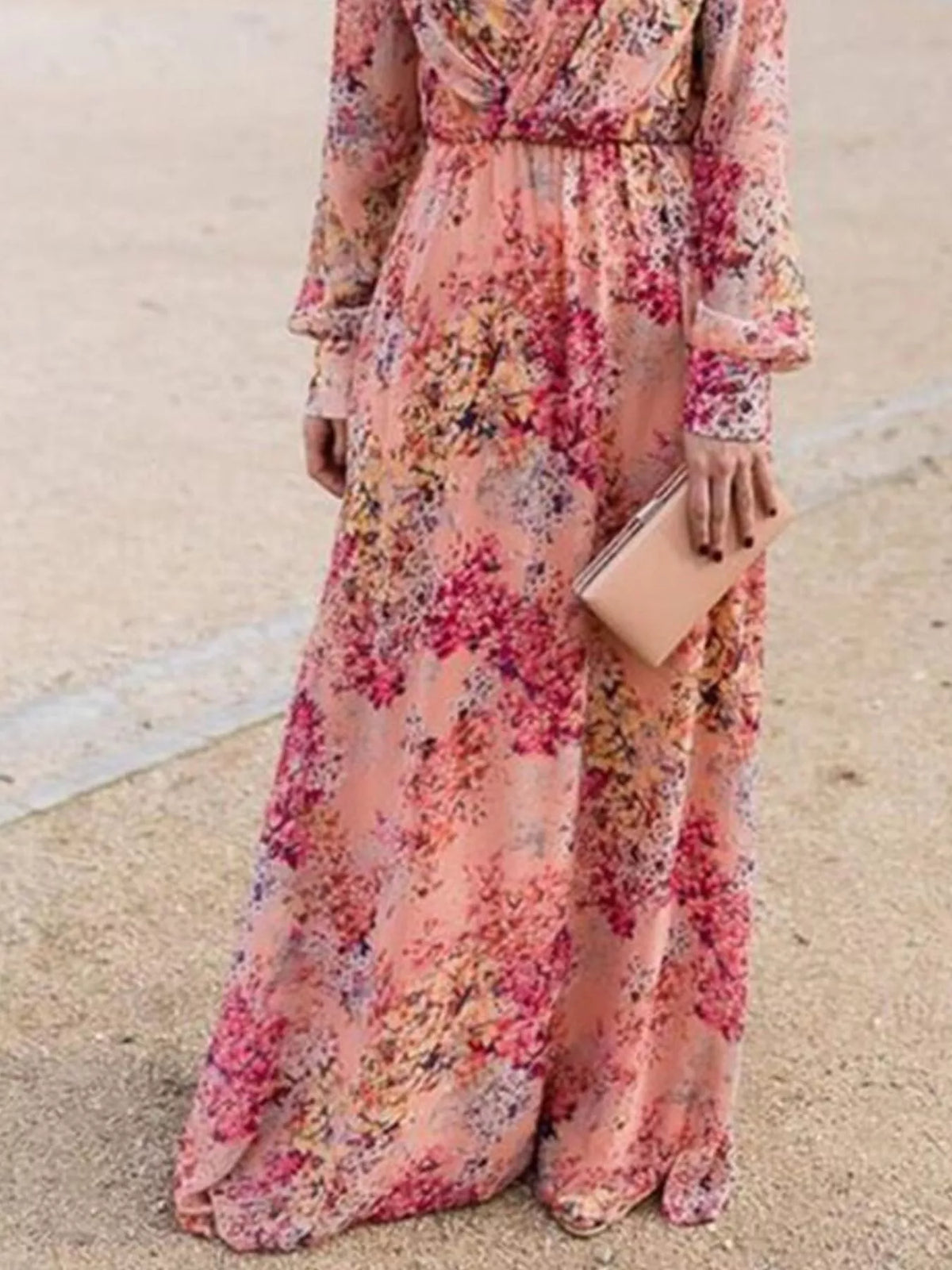 Paloma Long Sleeve Dress with Floral Print and Deep V Neck