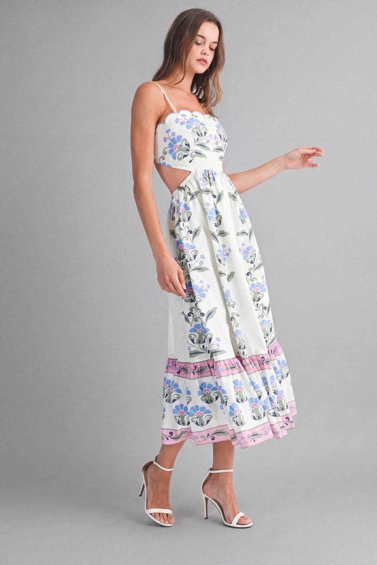 Luisa Cream Dress with Floral Border and Tiered Skirt