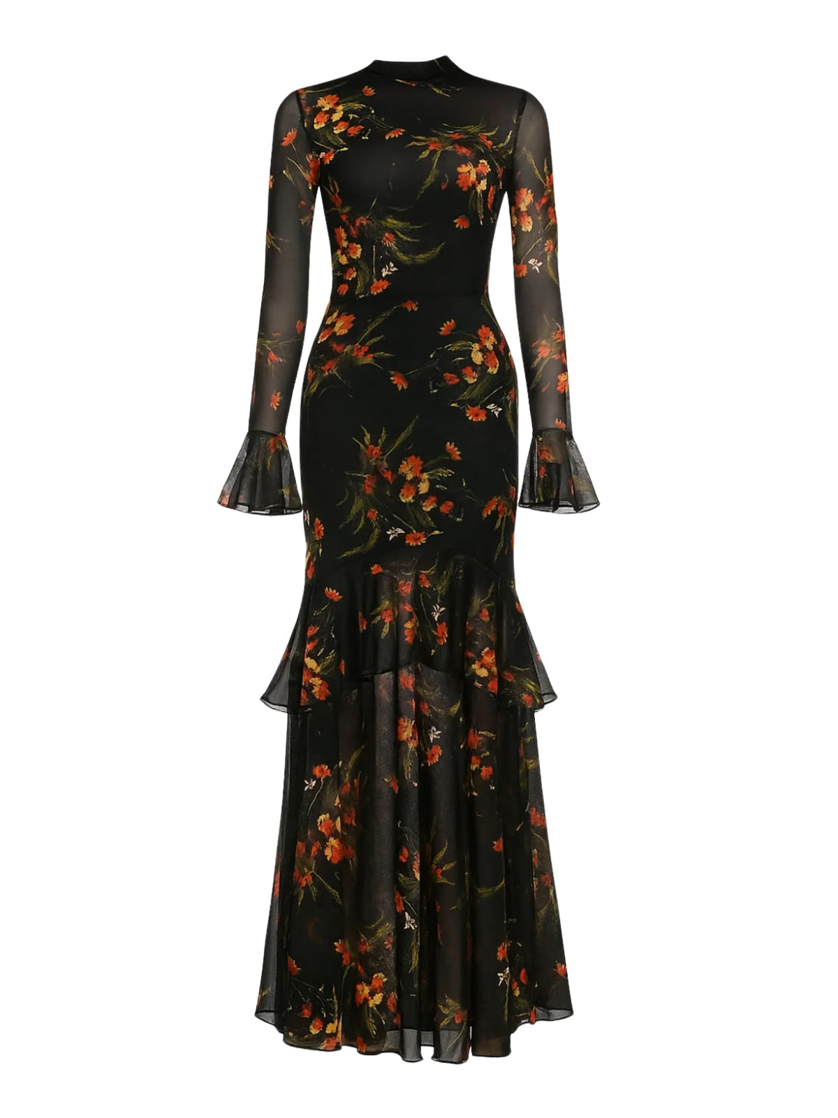 Berenice Black Dress with Floral Mesh and Tiered Ruffles