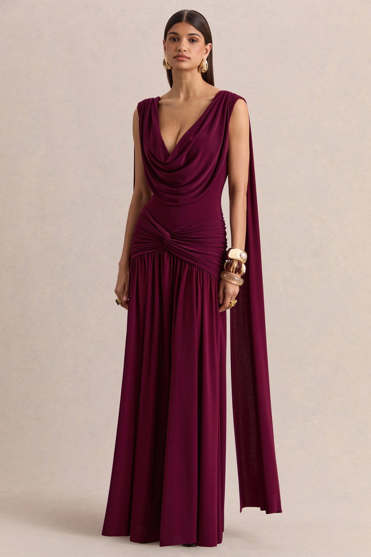 Sasha Burgundy Dress with Cowl Neck and Shoulder Sash