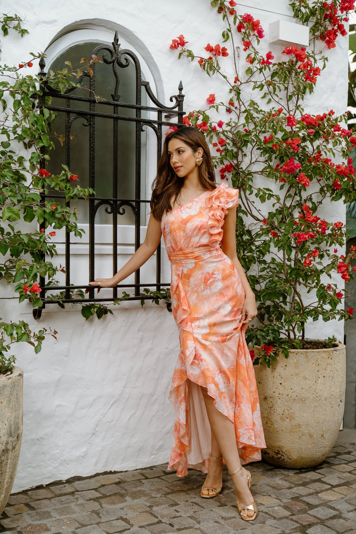 Kirsten Pink Asymmetrical Ruffle Maxi Dress
