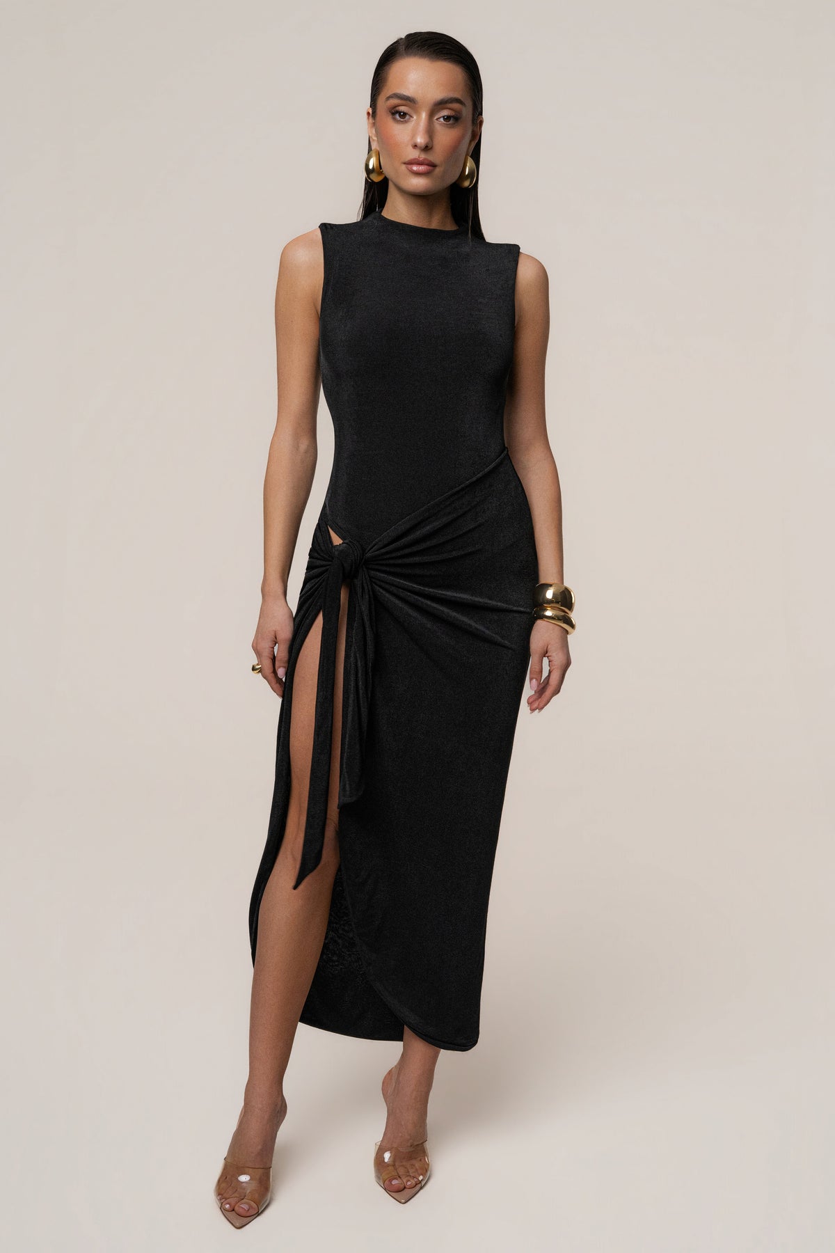Esta Black Dress with High Neck and Draped Slit