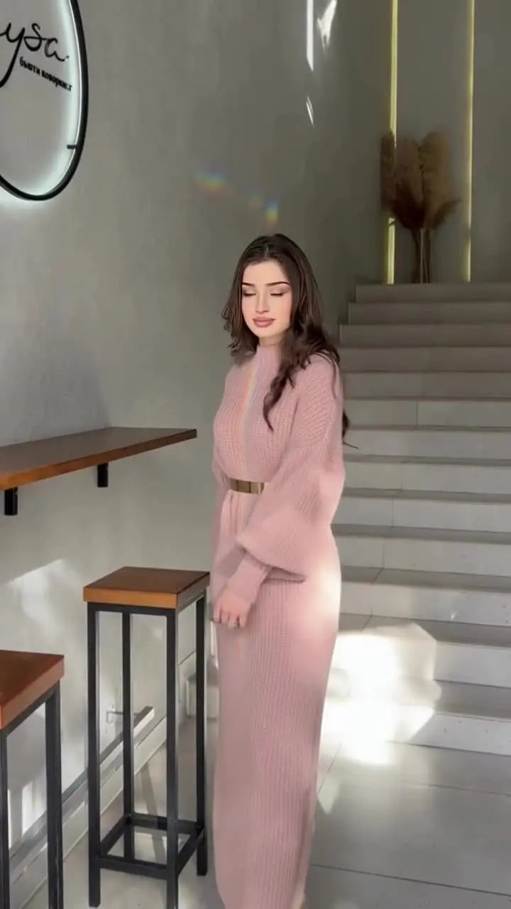Yara Sweater Dress with Lantern Sleeves and Belt
