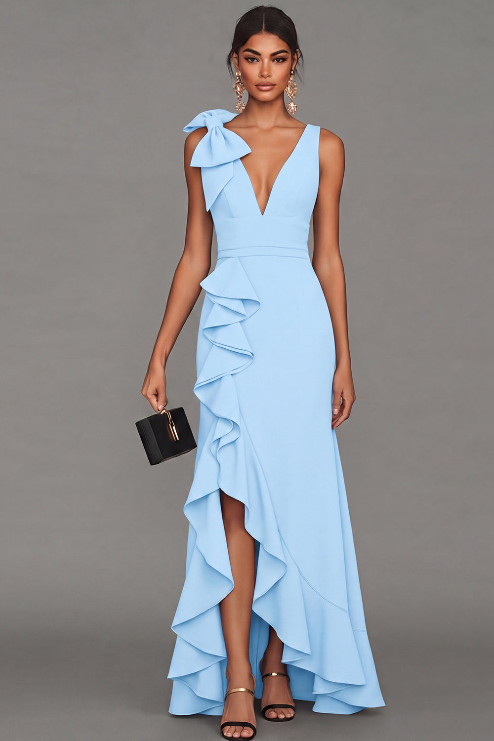 Callista Formal Dress with V Neck and Ruffled Skirt