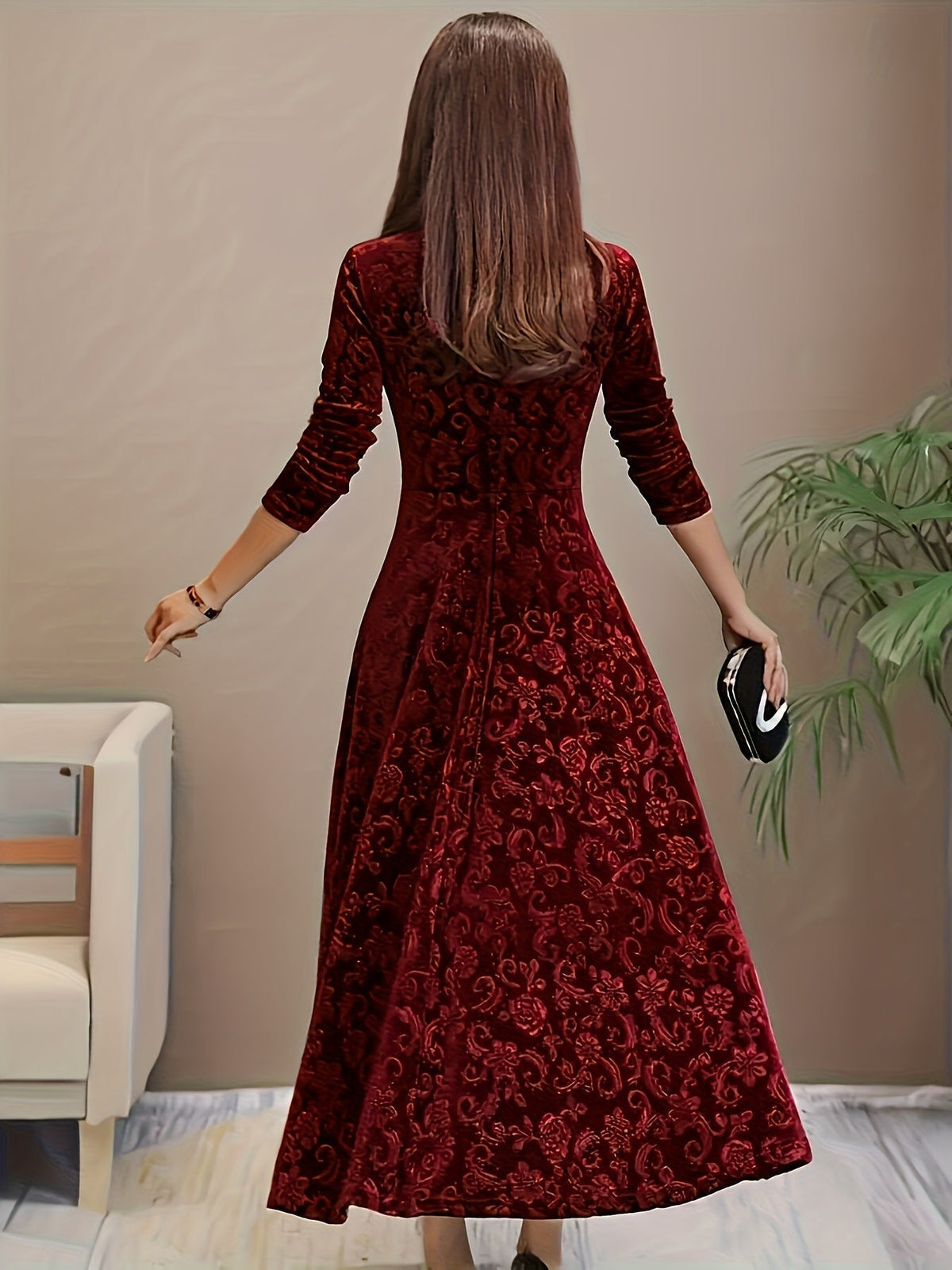 Sable Red Dress with Square Neck and Velvet Burnout