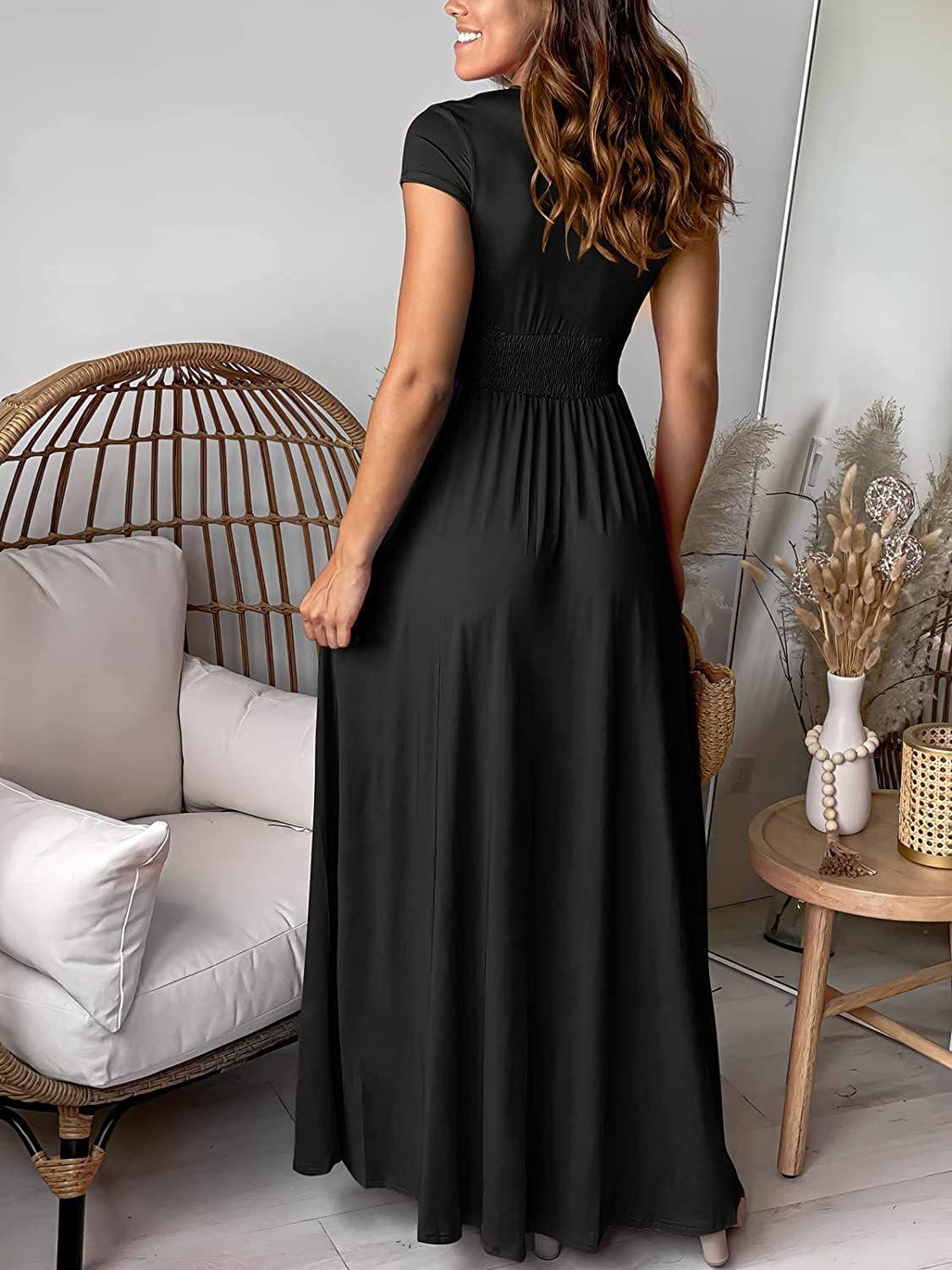 Avalon Black Dress with V Neck and High Slit