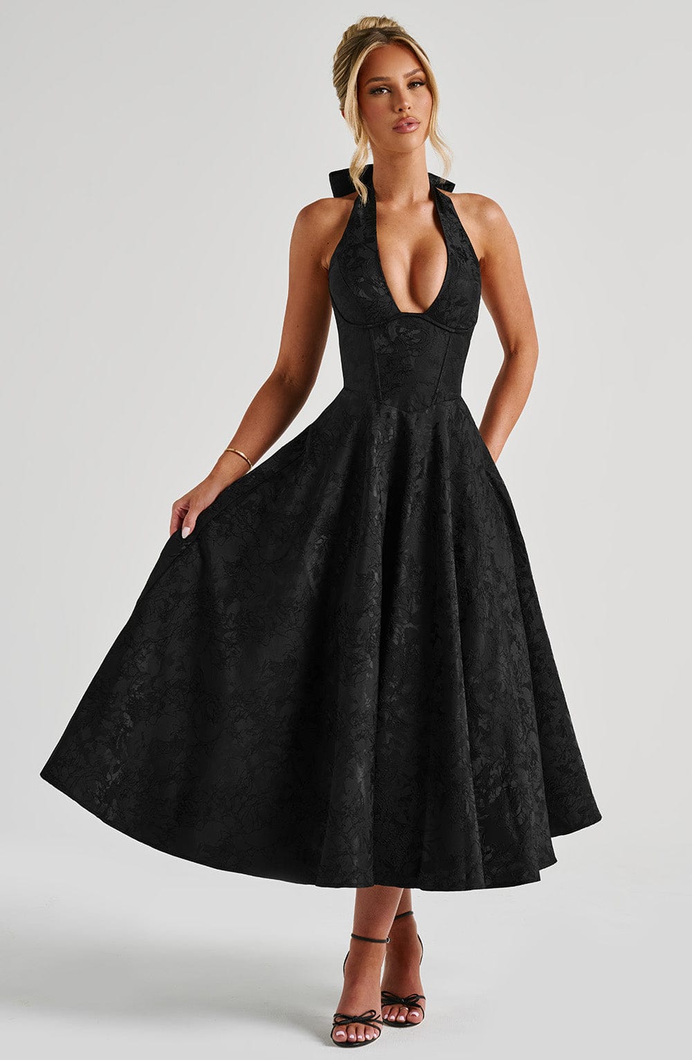 Reese Black Dress with Halter Neck and Full Midi Skirt