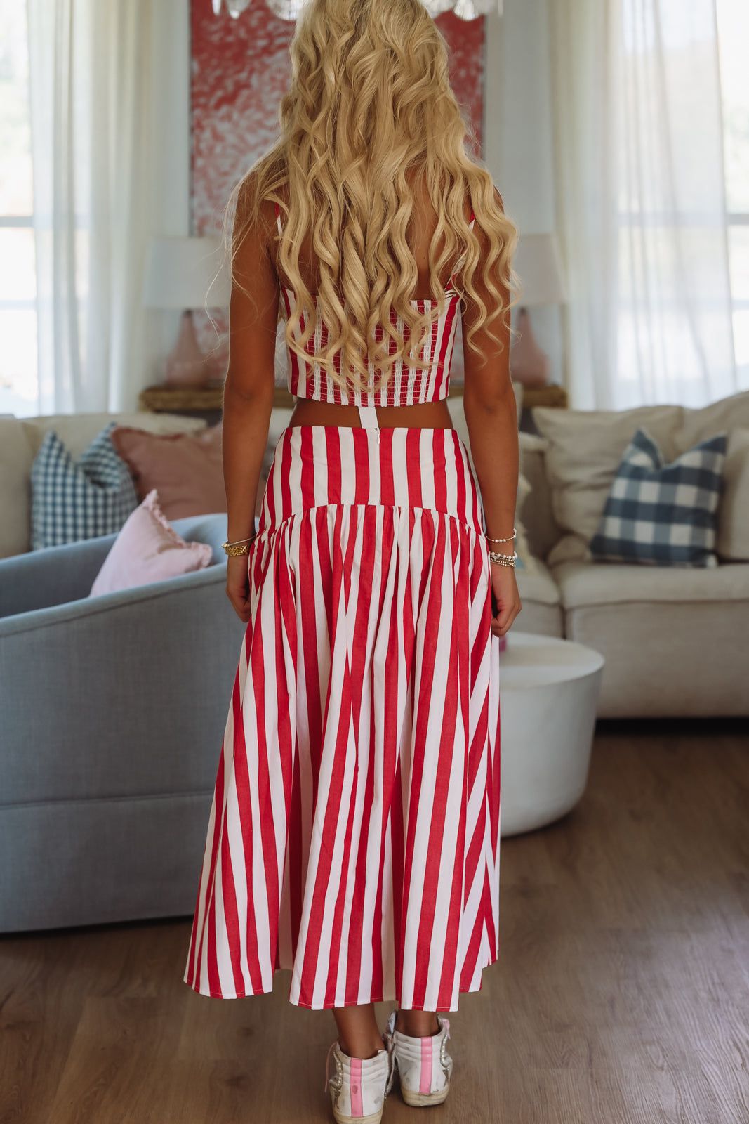 Joy Red Skirt with Stripe Print and Tiered Hem