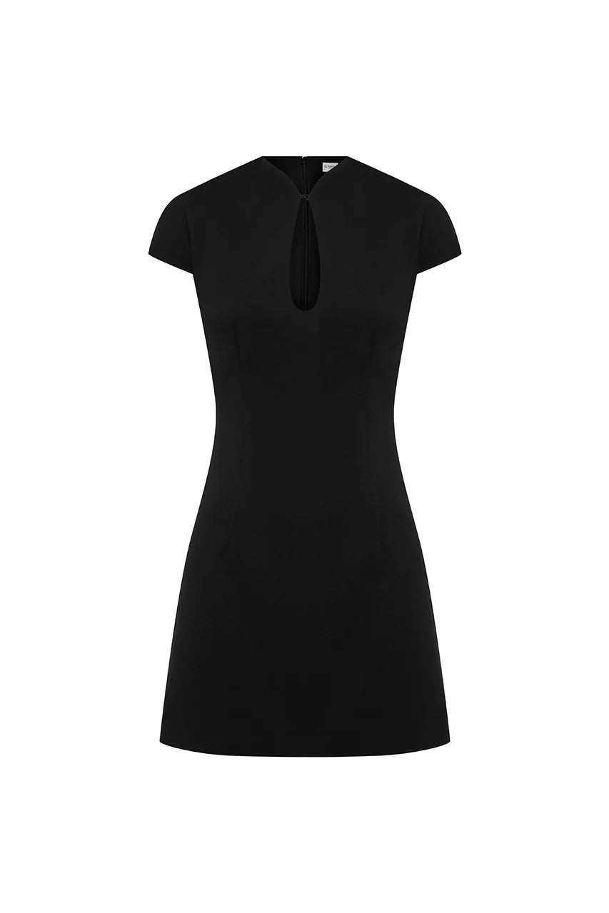 Anouck Black Mini Dress with Keyhole Neck and Cap Sleeves