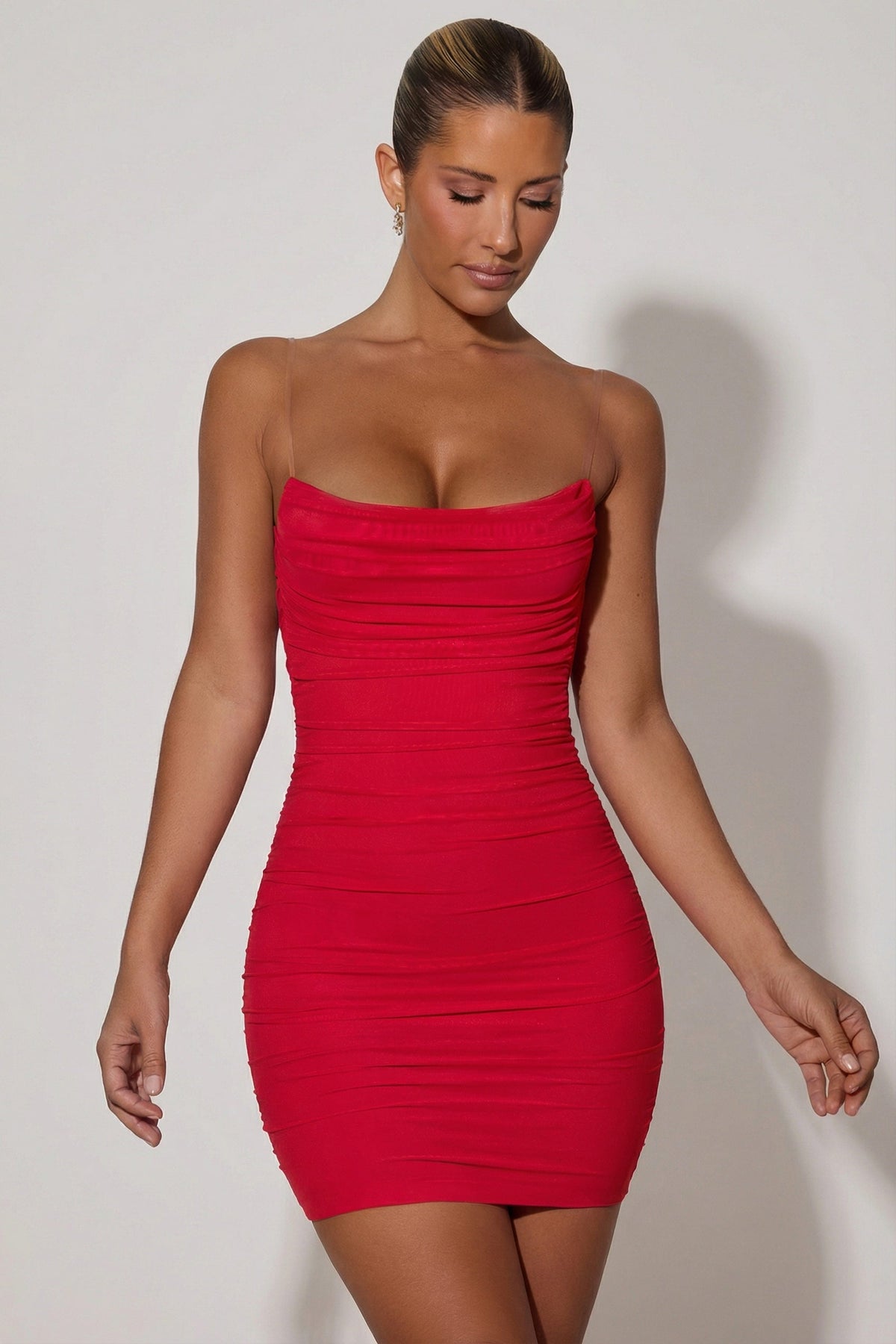 Marina Red Dress with Ruched Body and Open Back