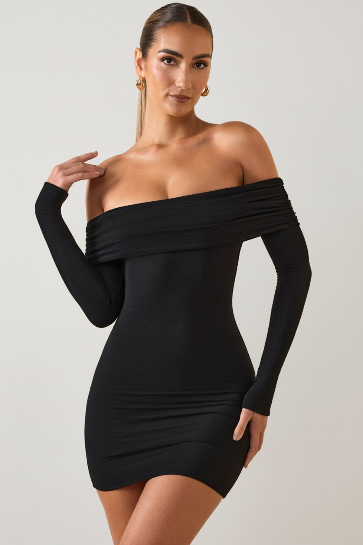 Gwyneth Black Mini Dress with Off Shoulder Neck and Long Sleeves