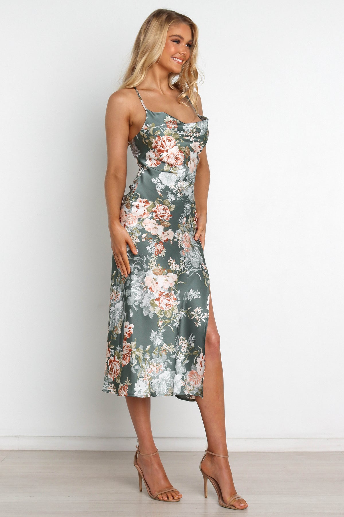 Alma Green Dress with Cowl Neck and Satin Floral Print