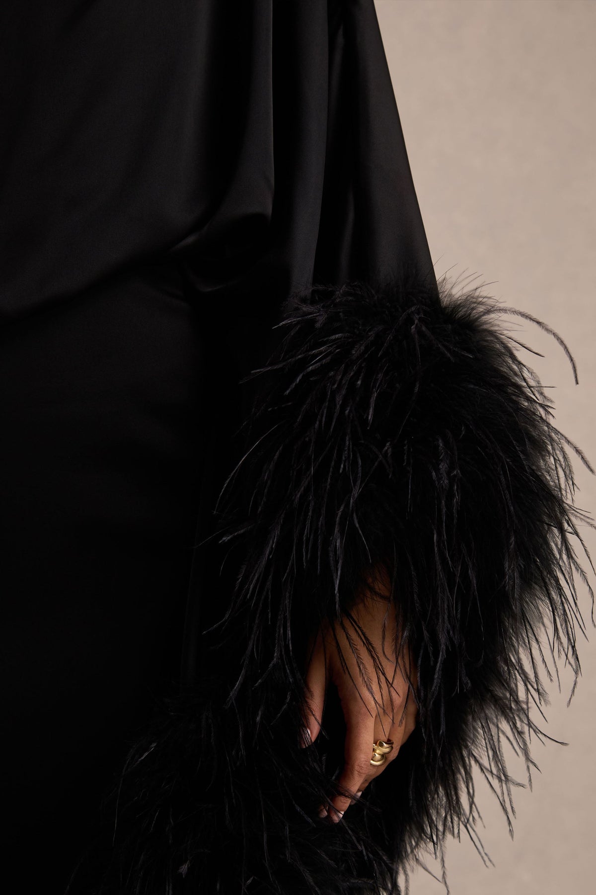 Eden Black Dress with Feather Trim and Satin Finish