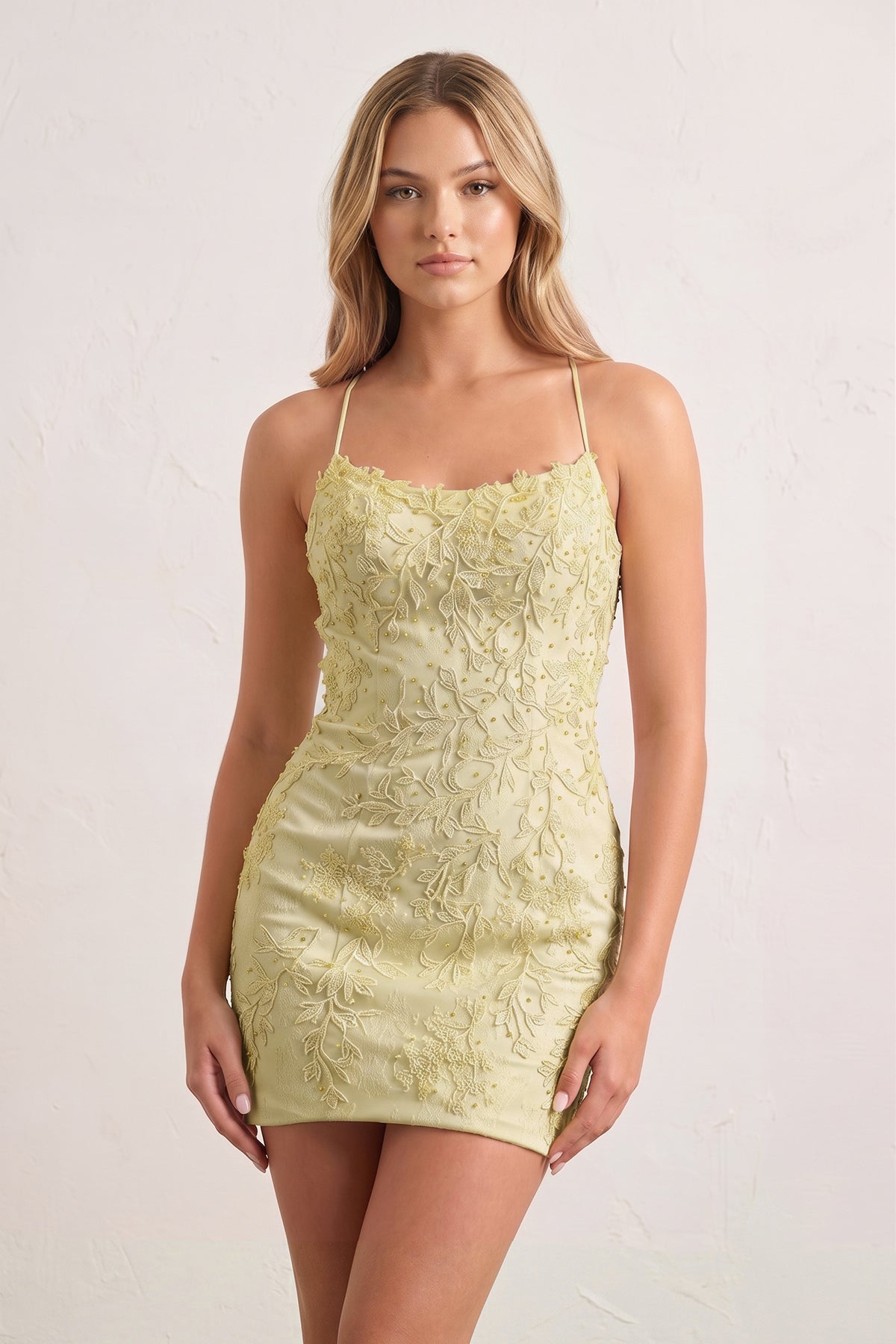 Georgiana Homecoming Dress with Lace Applique and Straps