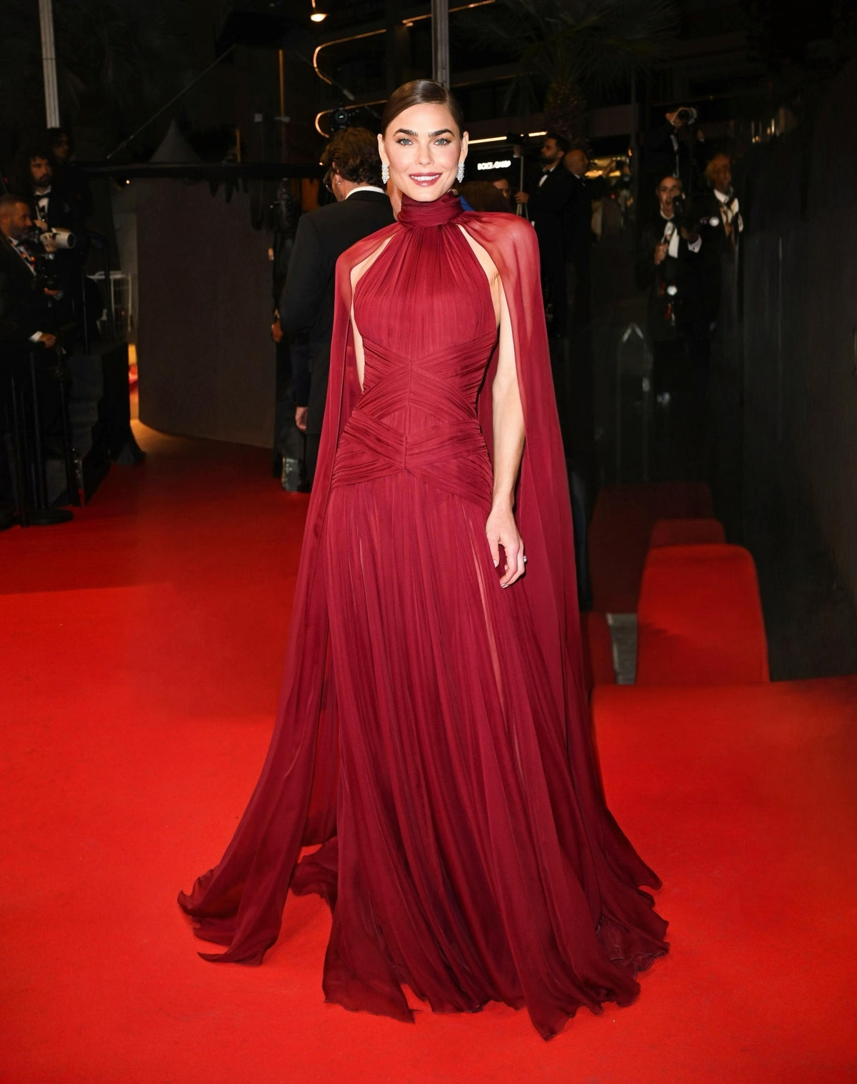 Leigh Evening Gown with Pleated Chiffon and Cape Detail