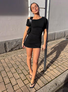 Ambre Black Mini Dress with Off Shoulder Neck and Ruched Side