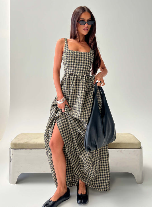 Ailsa Black Dress with Check Print and Tiered Skirt