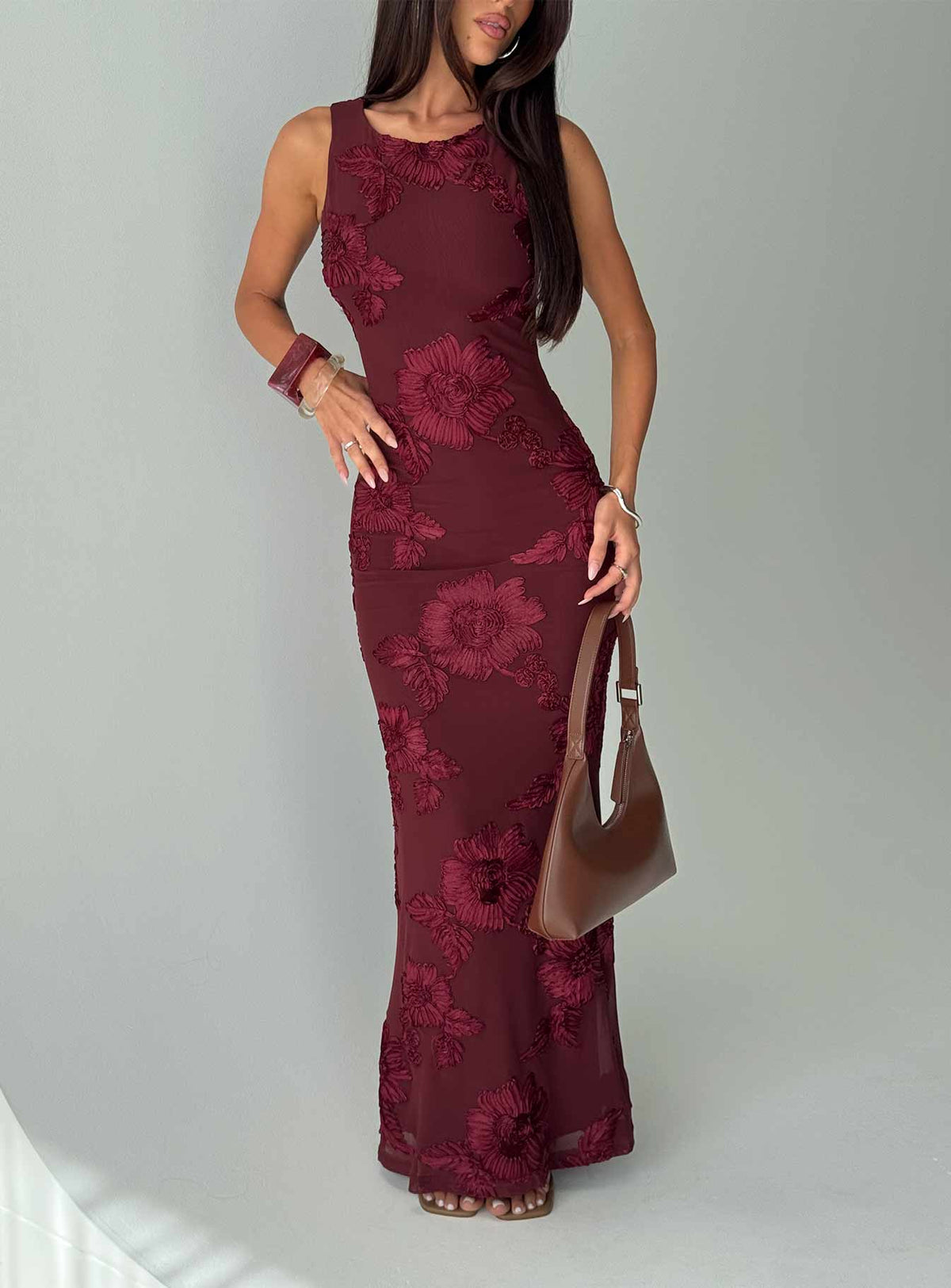 Jara Burgundy Dress with Floral Embroidery and Side Slit