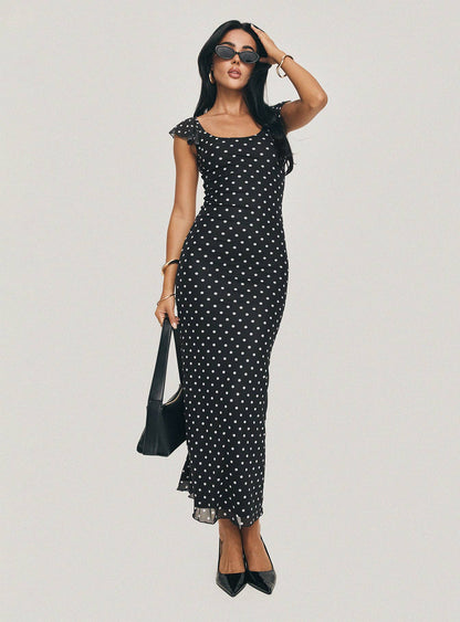 Aderyn Black Dress with Polka Dots and Boat Neckline
