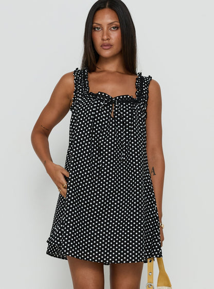 Delphi Black Mini Dress with Polka Dots and Swing Skirt