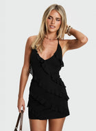 Renee Black Mini Dress with Halter Neck and Ruffle Detail