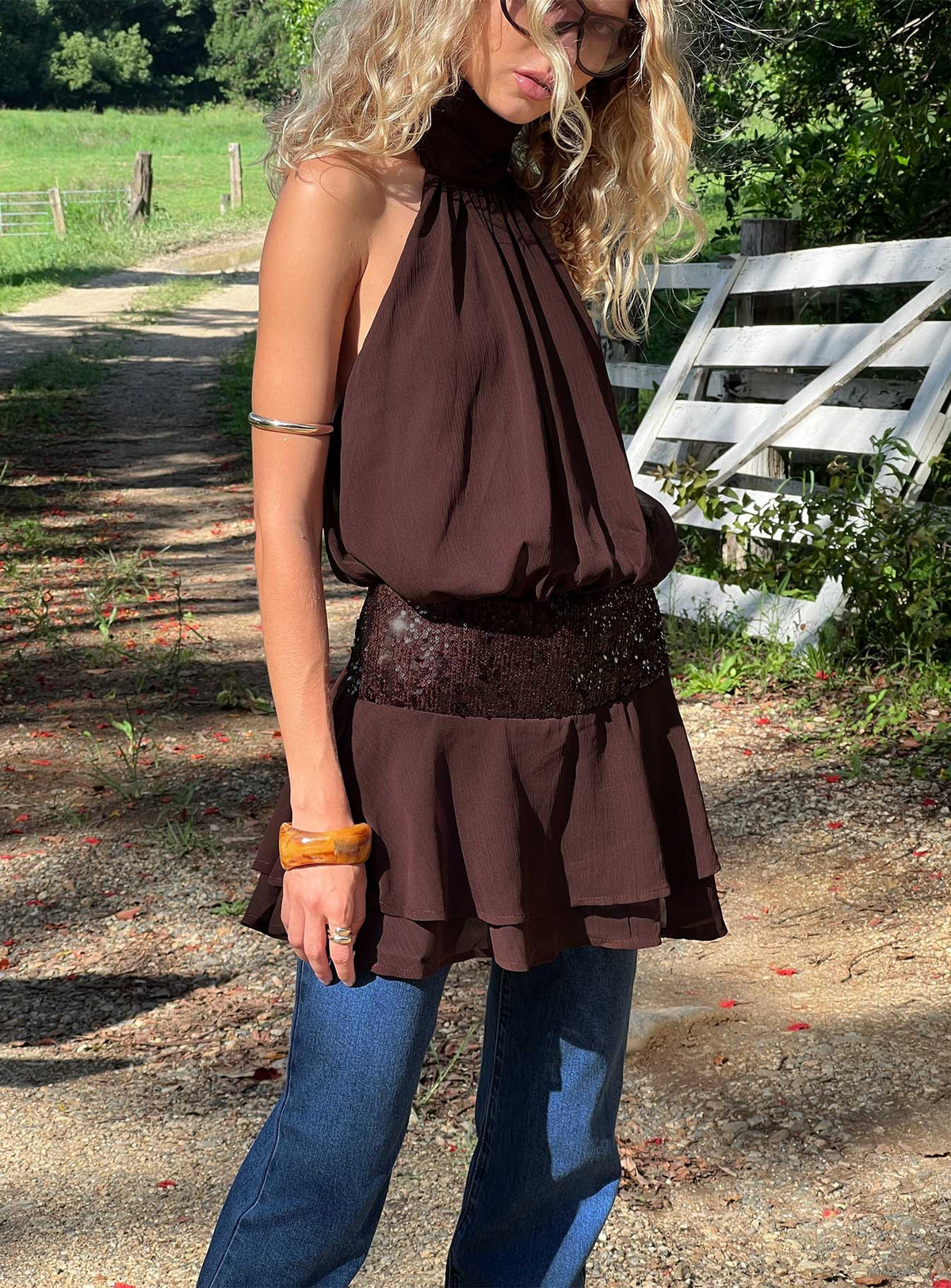Alessia Sequin Dress with Halter Neck and Drop Waist