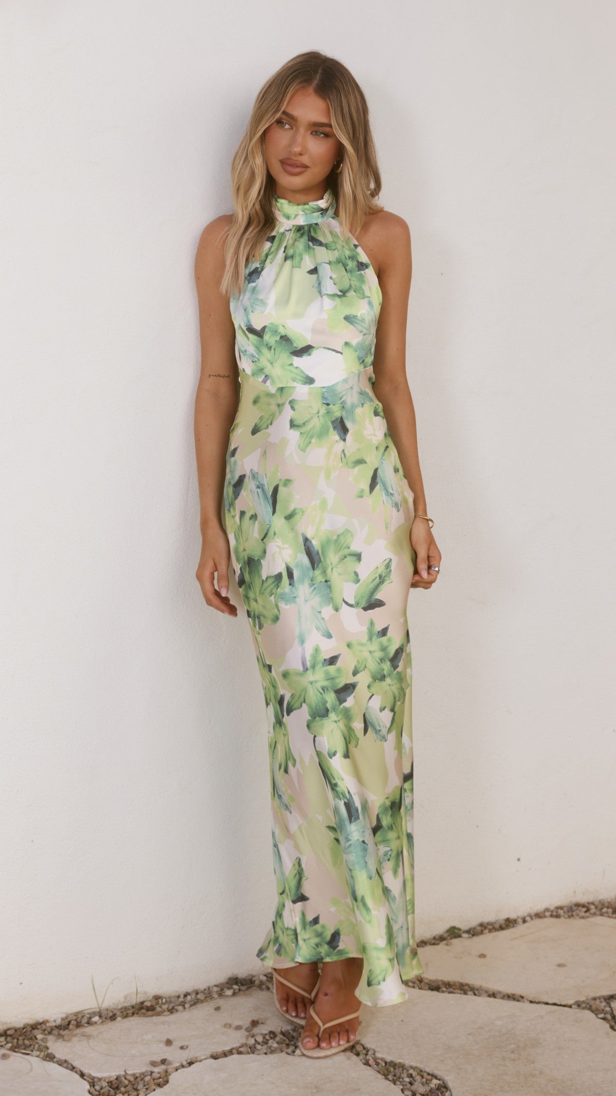 Jolene Green Dress with Floral Print and Halter Neck