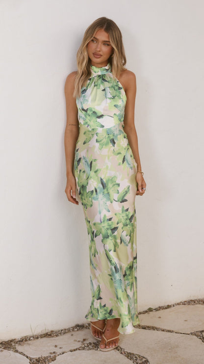 Jolene Green Dress with Floral Print and Halter Neck