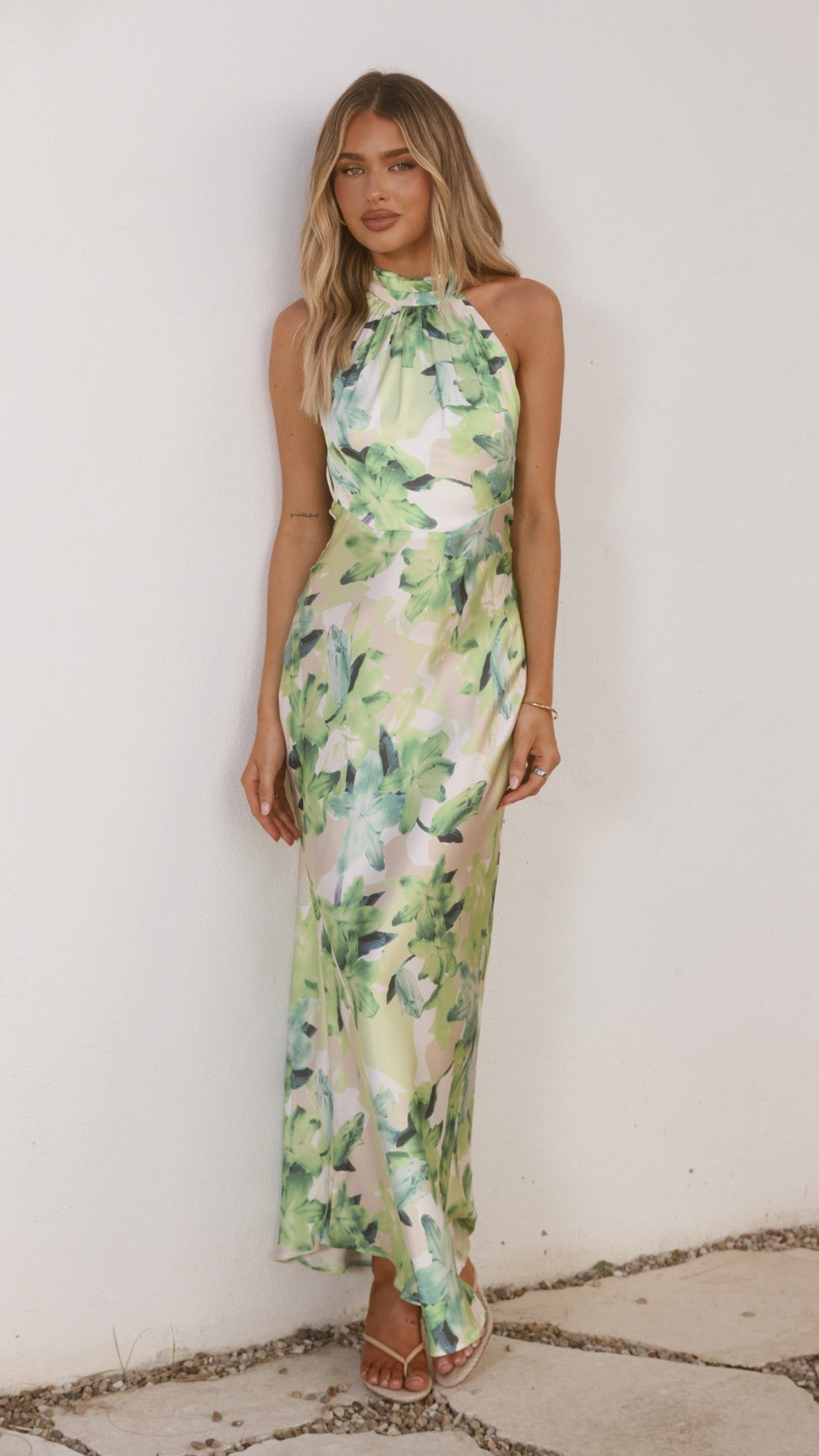 Jolene Green Dress with Floral Print and Halter Neck