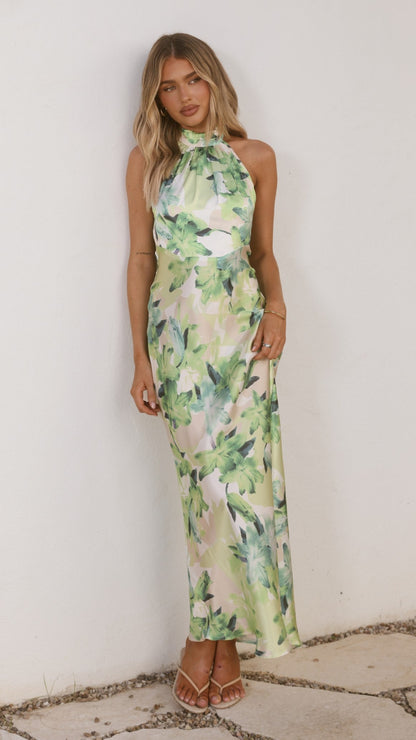 Jolene Green Dress with Floral Print and Halter Neck