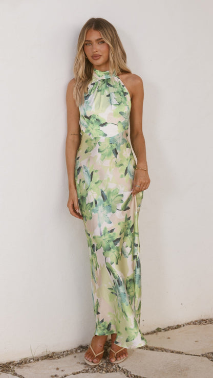 Jolene Green Dress with Floral Print and Halter Neck