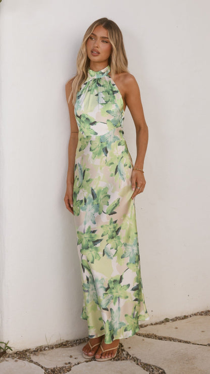 Jolene Green Dress with Floral Print and Halter Neck