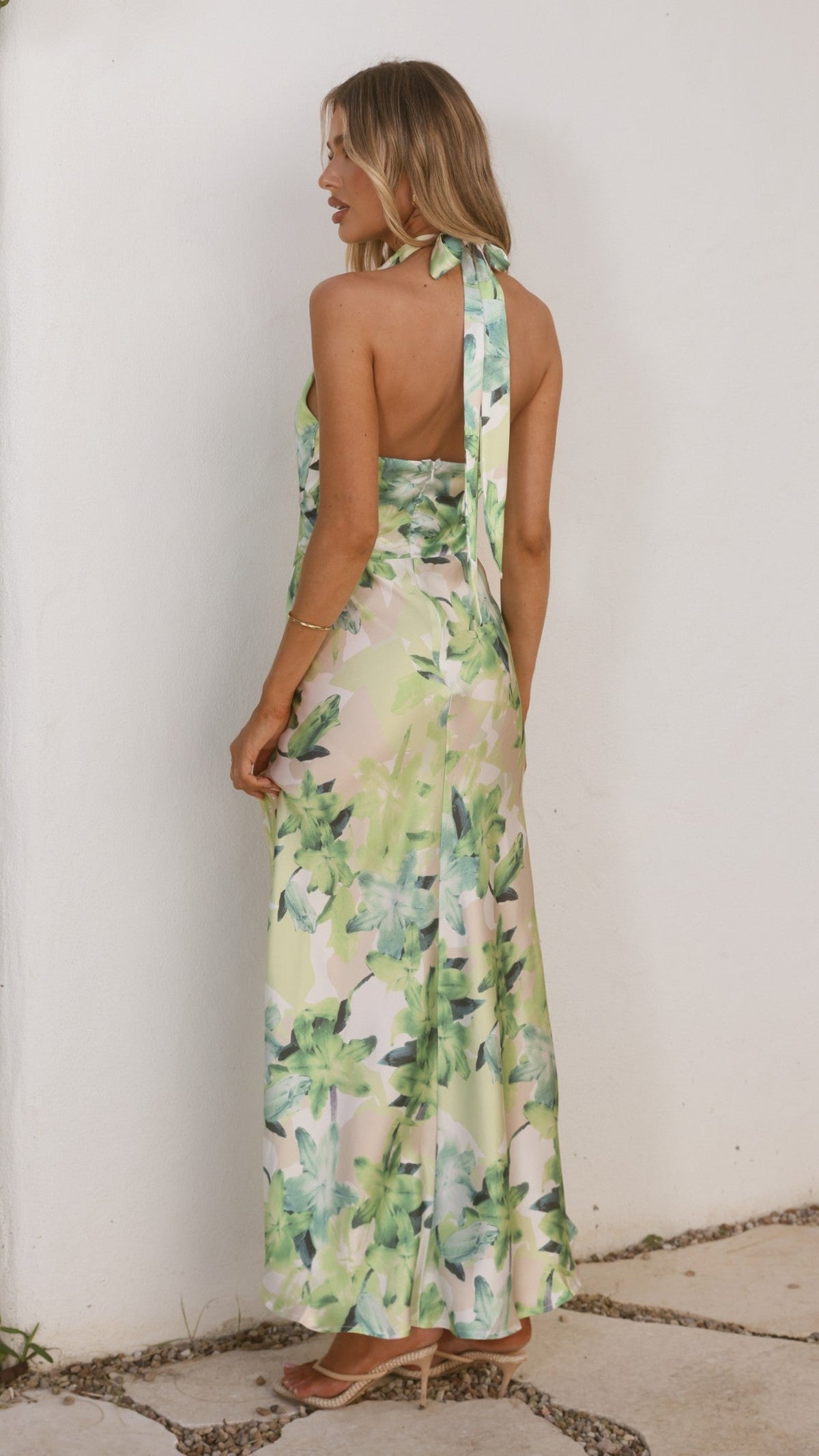Jolene Green Dress with Floral Print and Halter Neck