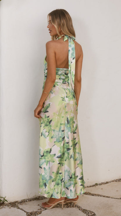 Jolene Green Dress with Floral Print and Halter Neck