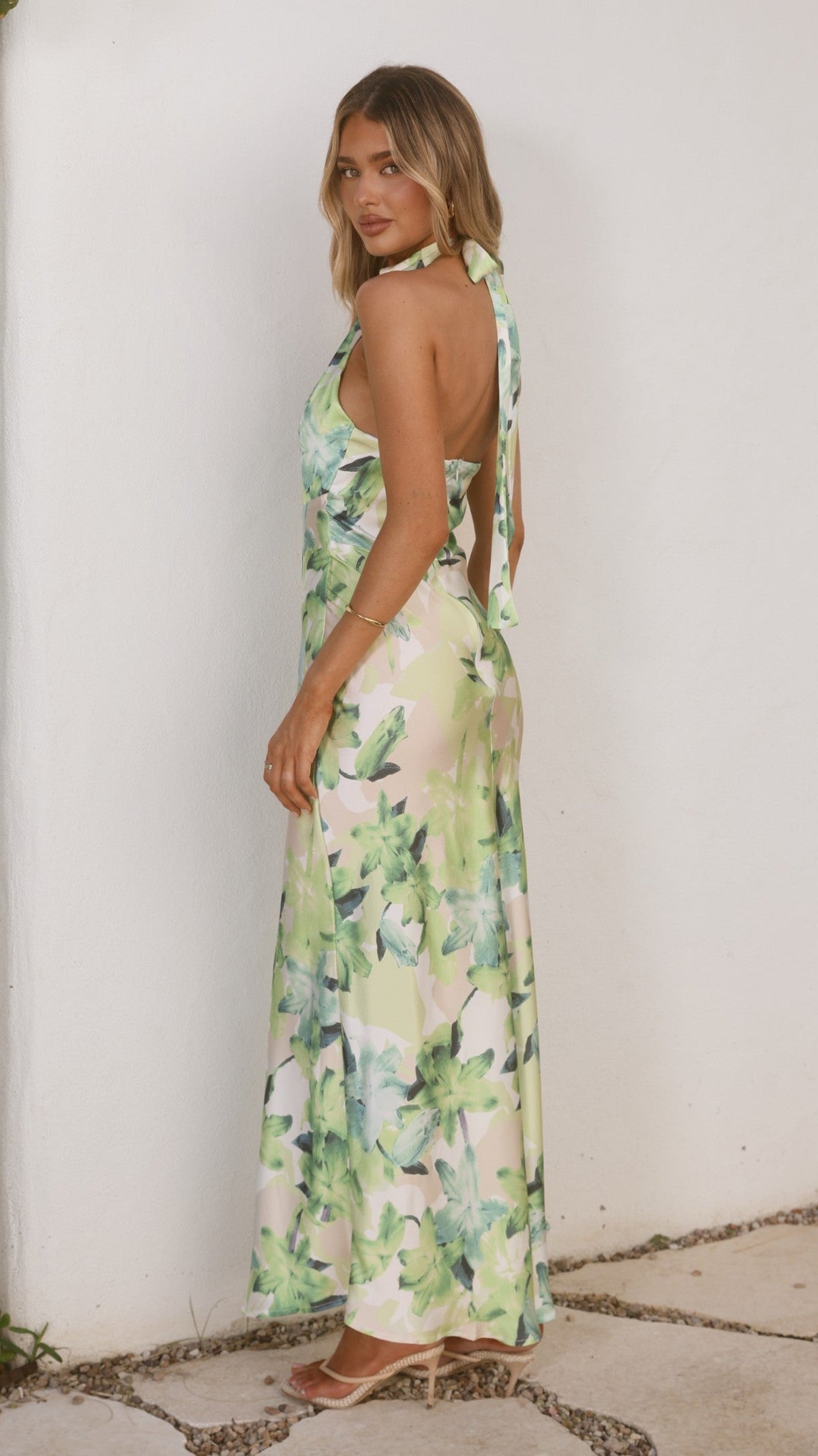 Jolene Green Dress with Floral Print and Halter Neck