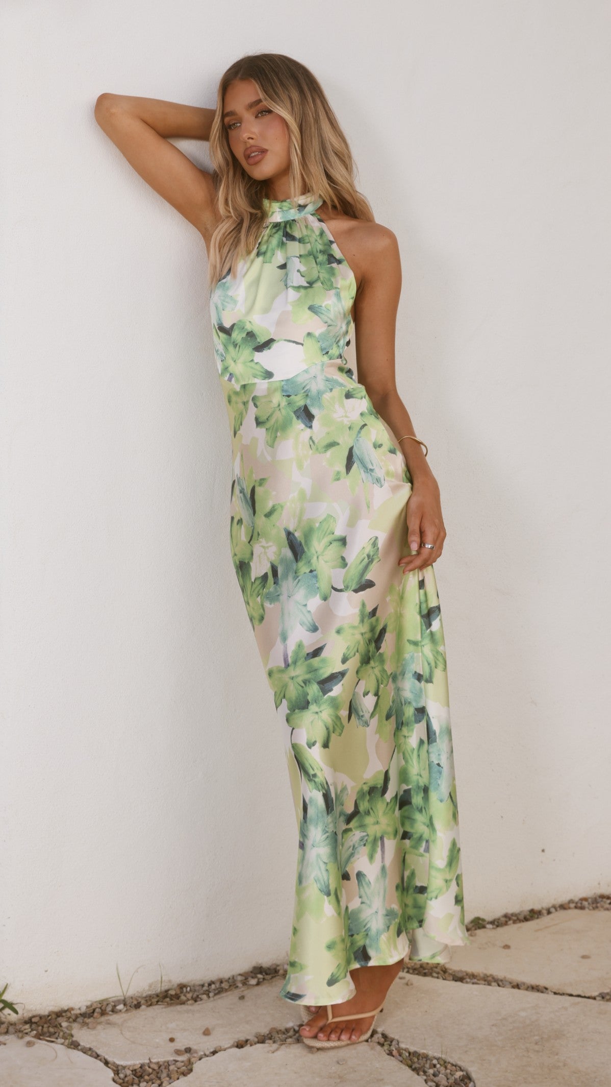 Jolene Green Dress with Floral Print and Halter Neck