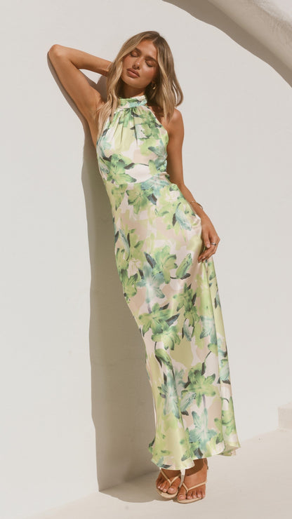 Jolene Green Dress with Floral Print and Halter Neck