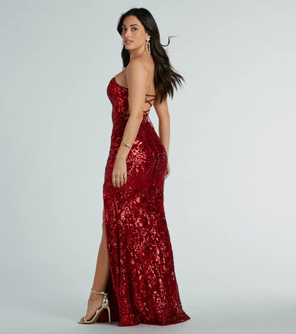 Suzette Sequin Dress with Strapless Neck and Lace-Up Back