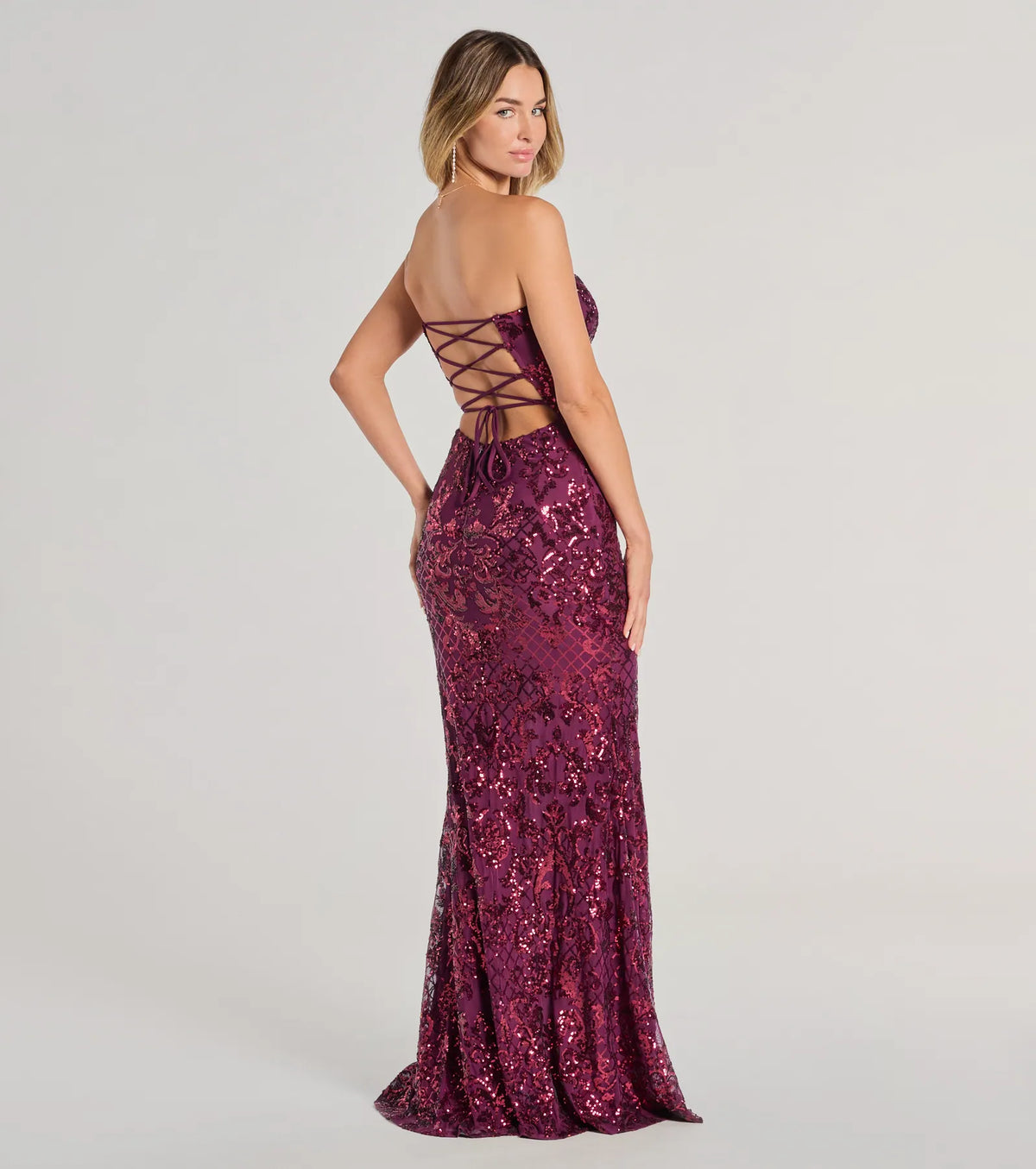Suzette Sequin Dress with Strapless Neck and Lace-Up Back