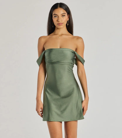 Caprice Off-Shoulder Satin Mini Dress