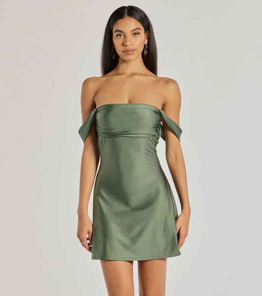 Caprice Off-Shoulder Satin Mini Dress