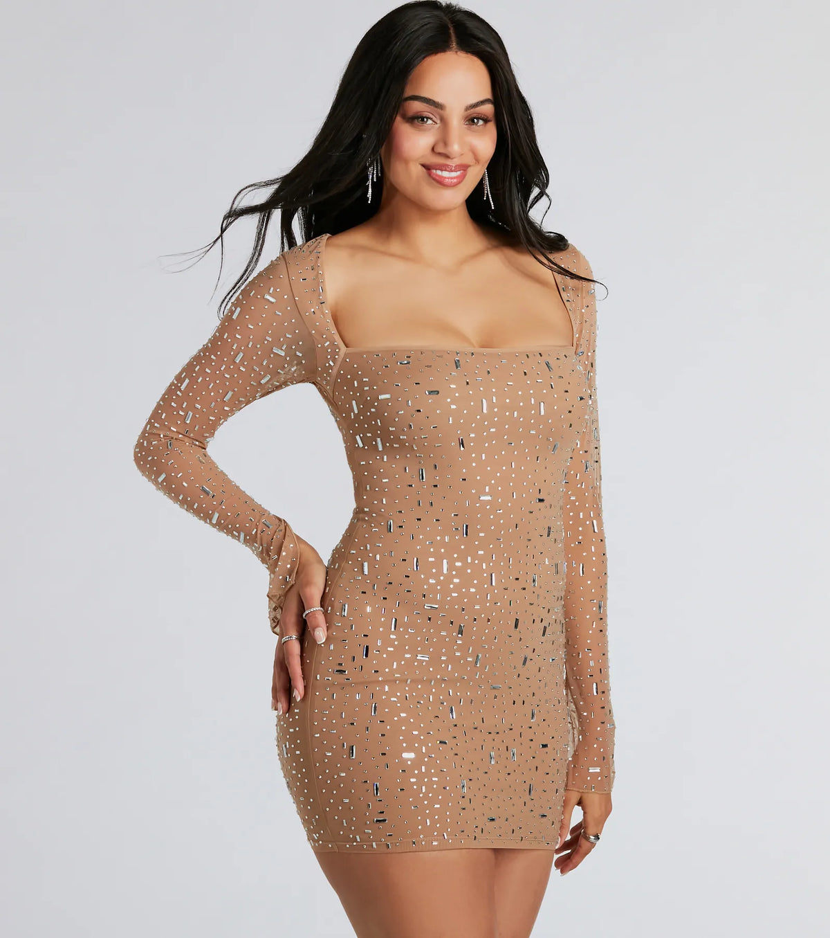 Delaney Long Sleeve Mini Dress with Rhinestone Mesh