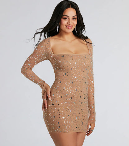 Delaney Long Sleeve Mini Dress with Rhinestone Mesh