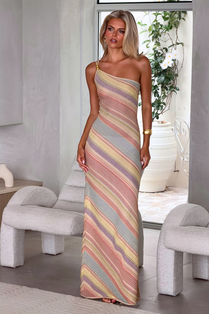 Hattie Knit Dress with Pastel Stripes and One Shoulder