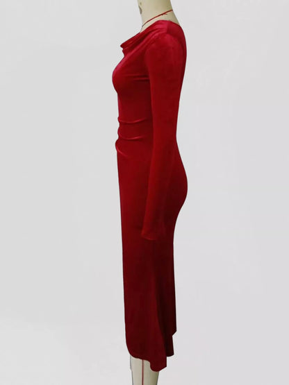 Isolde Velvet Dress with Cowl Neck and Long Sleeves