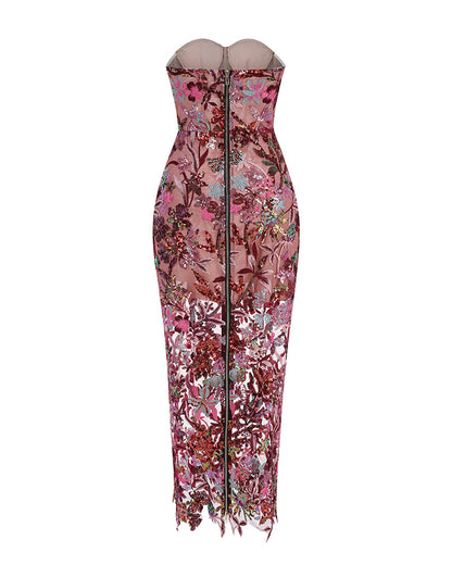 Seren Sequin Dress with Strapless Neck and Floral Sequins